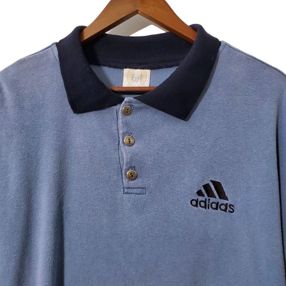 VTG Adidas Expo Sports Wear Polo Shirt Size XL Blue Logo 3 Button Rare USA Mens